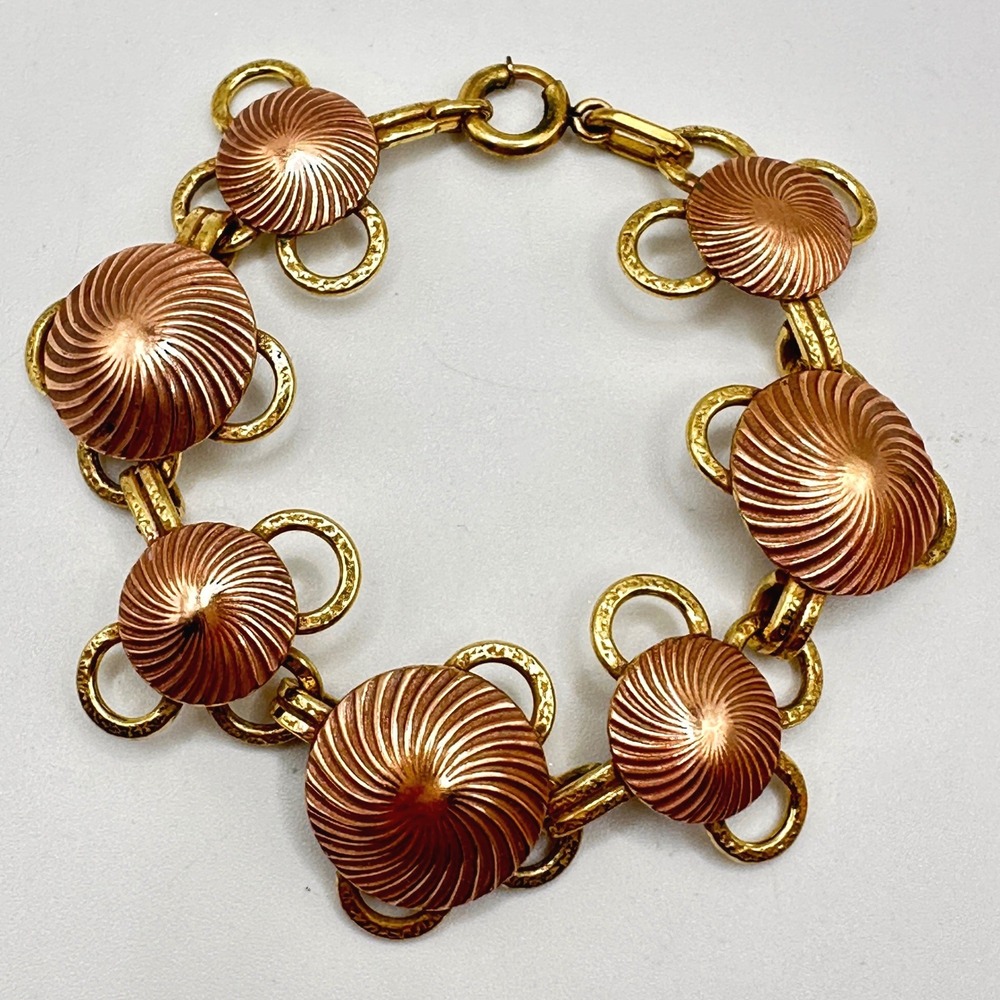 Vintage Copper Gold Tone Atomic Swirl Bracelet Mid Century Modern Retro 6.5"